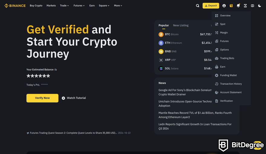 How to buy Solana meme coins: a preview of Binance homepage showing the selected Wallet icon.