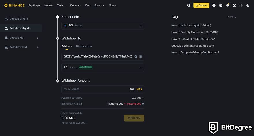 How to buy Solana meme coins: a preview of the Withdraw Crypto page on Binance.