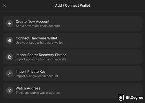 How to buy Solana meme coins: a preview of Phantom Wallet options to add or connect a new wallet.