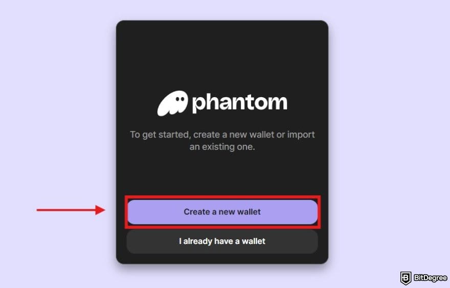 How to buy Solana meme coins: Phantom wallet setup interface with the create wallet option highlighted.