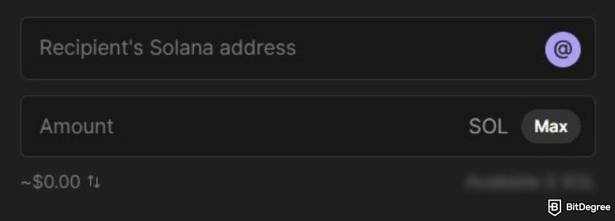 How to buy Solana meme coins: the box for recepient's Solana address and the amount to transfer on Phantom.