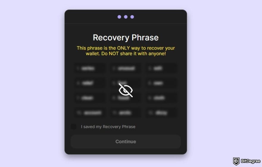 How to buy Solana meme coins: the recovery phrase page when setting up a new phantom wallet.