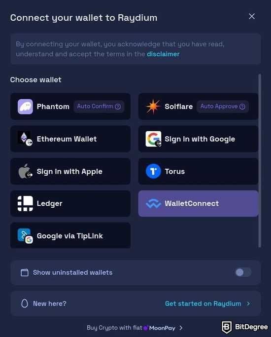 How to buy Solana meme coins: a preview of Raydium's Connect Wallet popup window.