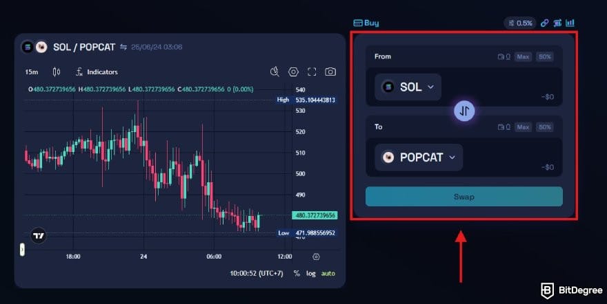 How to buy Solana meme coins: Raydium swap interface highlighting the swapping pair box.