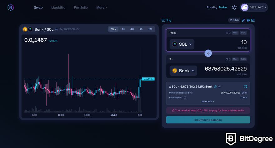 How to buy Solana meme coins: a preview of Raydium homepage showing SOL and BONK.