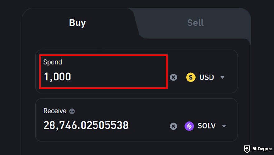 How to buy Solv crypto: Binance quick buy and sell page with the Spend box highlighted showing the amount to spend.