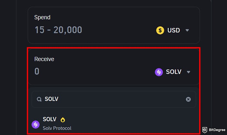 How to buy Solv crypto: Binance quick buy and sell page with the Receive box highlighted.