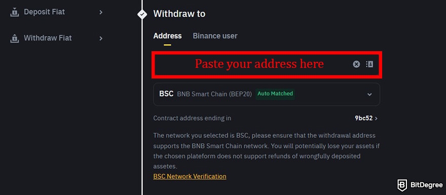 How to buy SOLV crypto: Binance withdrawal page with the address box highlighted.