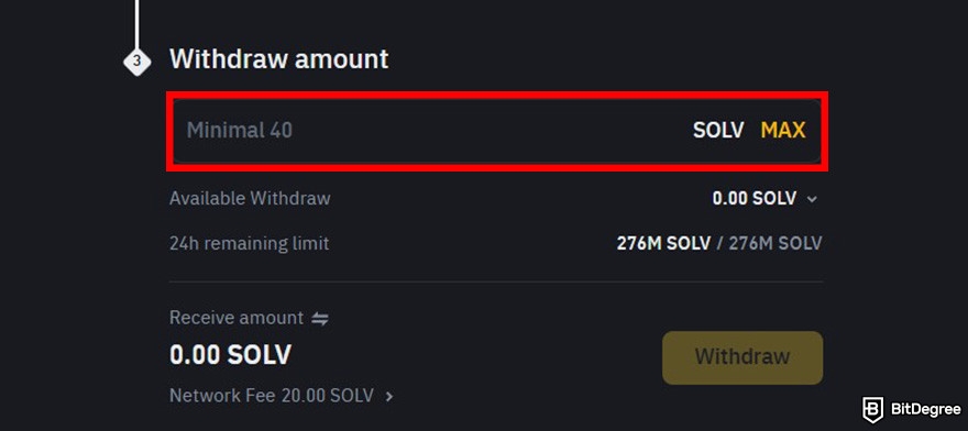 How to buy SOLV crypto: Binance withdrawal page with the withdraw amount box highlighted.