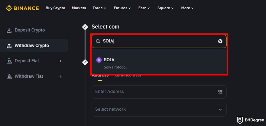 How to buy SOLV crypto: Binance withdrawal page with the search result for SOLV highlighted.