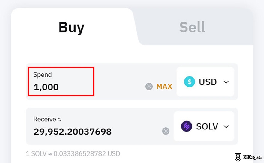 How to buy Solv crypto: Bybit One-Click Buy page with the Spend box highlighted showing the amount of USD to spend.