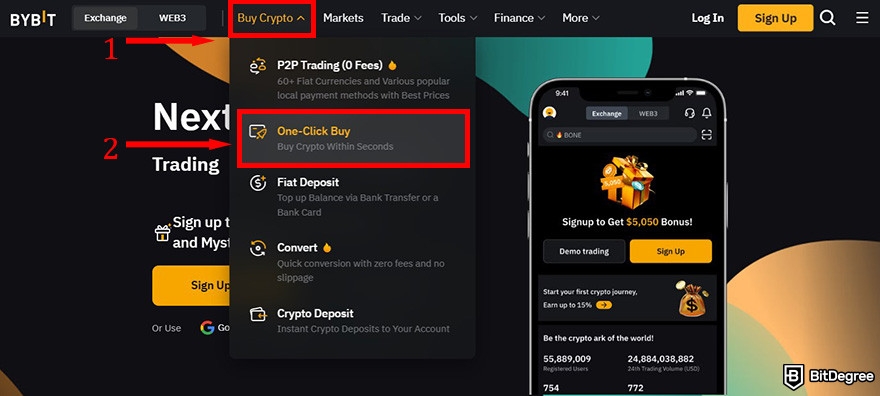 How to buy Solv crypto: Bybit homepage with the Buy Crypto and One-Click Buy buttons highlighted.