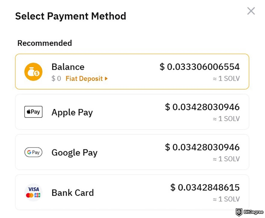 How to buy Solv crypto: the available payment methods on Bybit's One-Click Buy page.