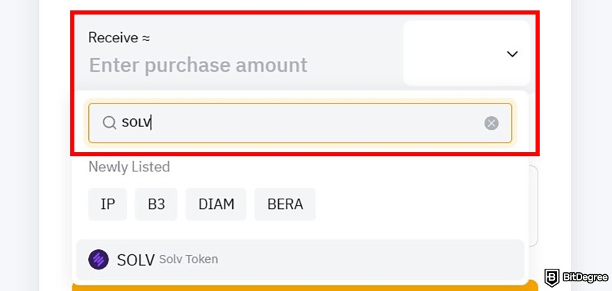 How to buy Solv crypto: Bybit One-Click Buy page with the Receive box highlighted.