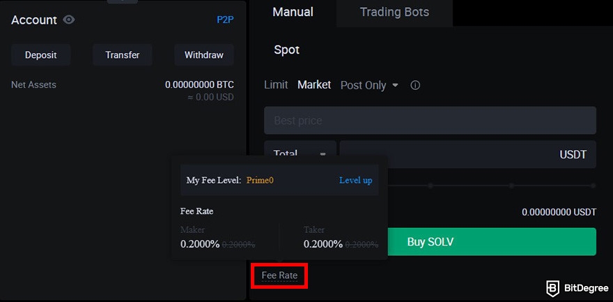 How to buy Solv crypto: the order form on HTX's spot trading platform with the Fee Rate highlighted.