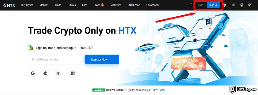 How to buy Solv crypto: HTX's homepage with the Log In and Sign Up buttons highlighted.