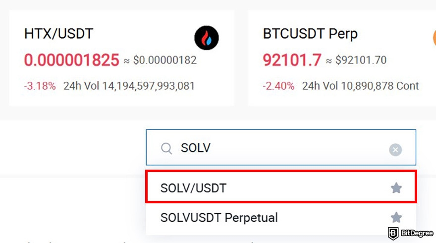 How to buy Solv crypto: HTX's Markets page with the SOLV/USDT trading pair highlighted.