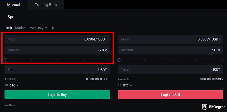 How to buy Solv crypto: the order form on HTX's spot trading platform with amount box highlighted.