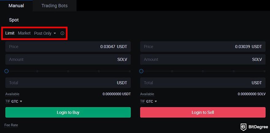 How to buy Solv crypto: the order form on HTX's spot trading platform with the order types highlighted.