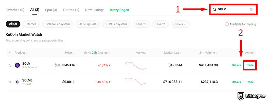 How to buy Solv crypto: KuCoin's markets page with the search bar and the Trade button on SOLV listing highlighted.