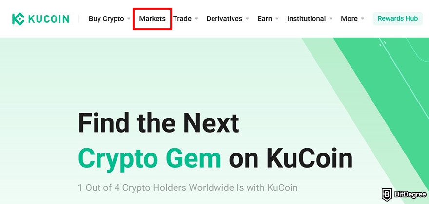 How to buy Solv crypto: KuCoin's homepage with the Markets menu highlighted.