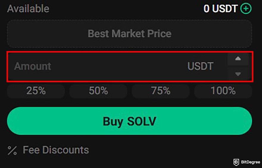 How to buy Solv crypto: KuCoin's spot trading page with the Amount box highlighted.