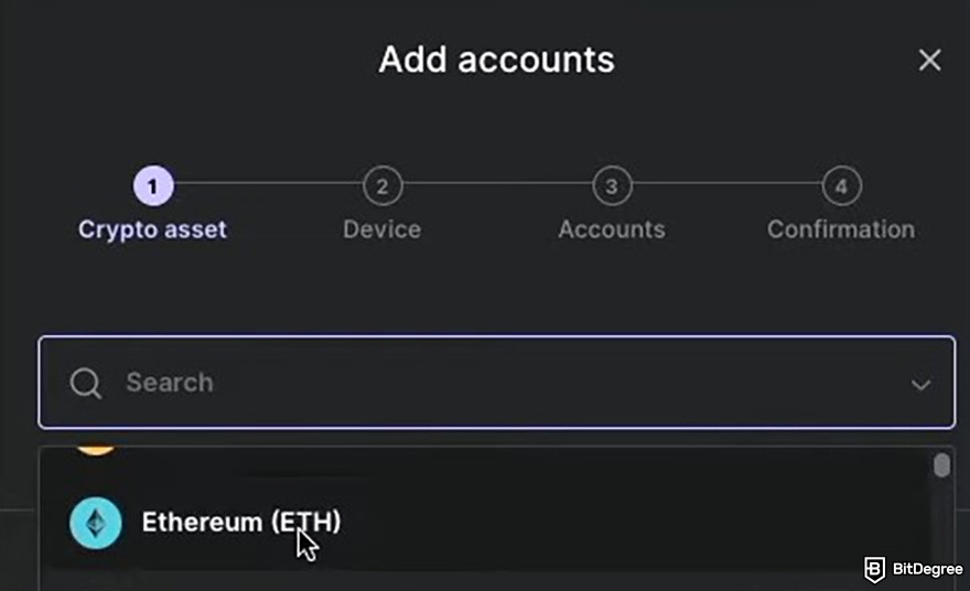 How to buy SOLV crypto: Ledger Live app showing adding an Ethereum account.