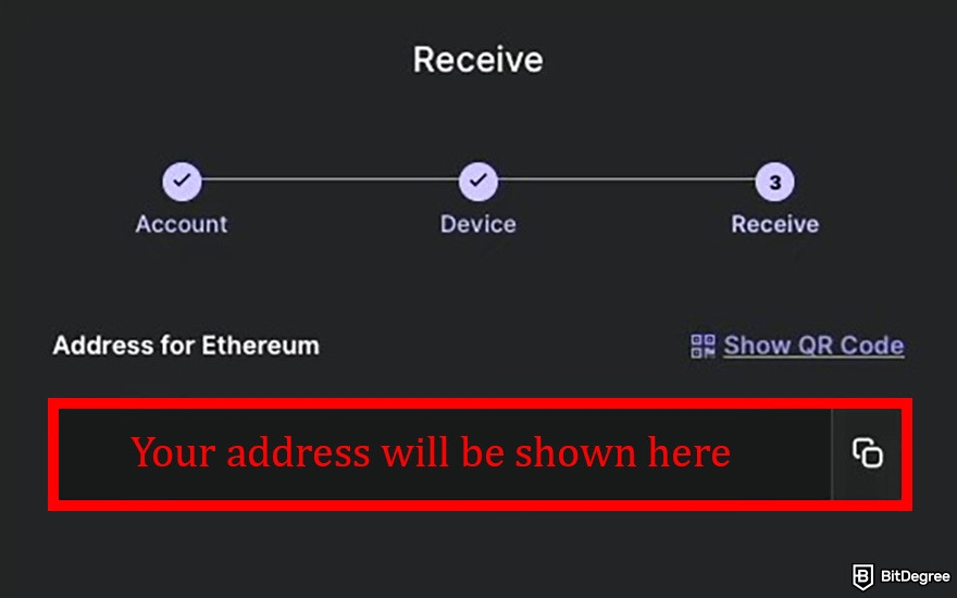 How to buy SOLV crypto: the Receive pop up window on Ledger Live with the address box highlighted.