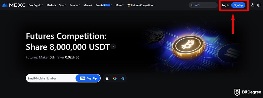 How to buy Solv crypto: MEXC's homepage with the Log In and Sign Up buttons highlighted.