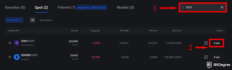 How to buy Solv crypto: MEXC's markets page with the search bar and the Trade button highlighted.