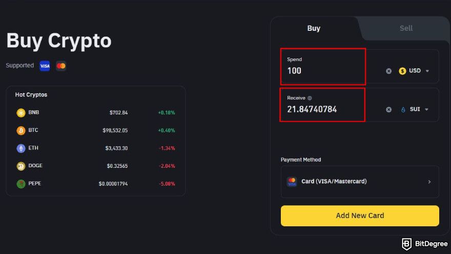 How to buy SUI: input the amount you want to spend.