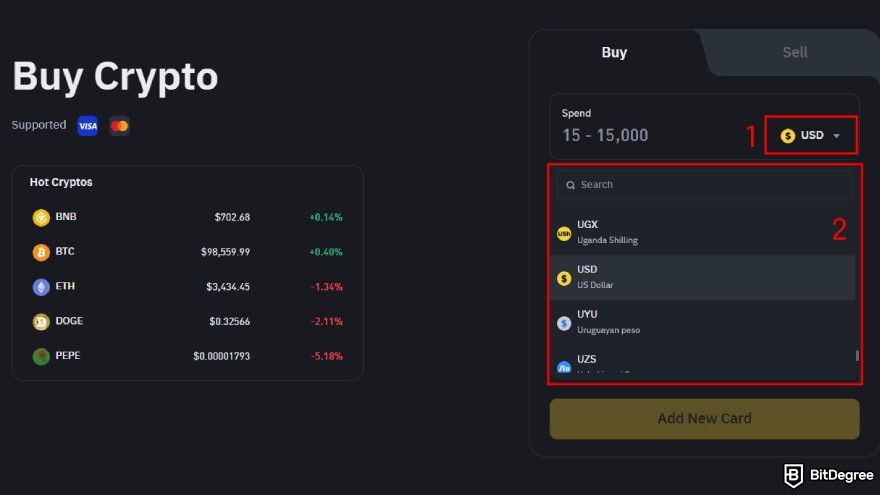 How to buy SUI: pick fiat currency.