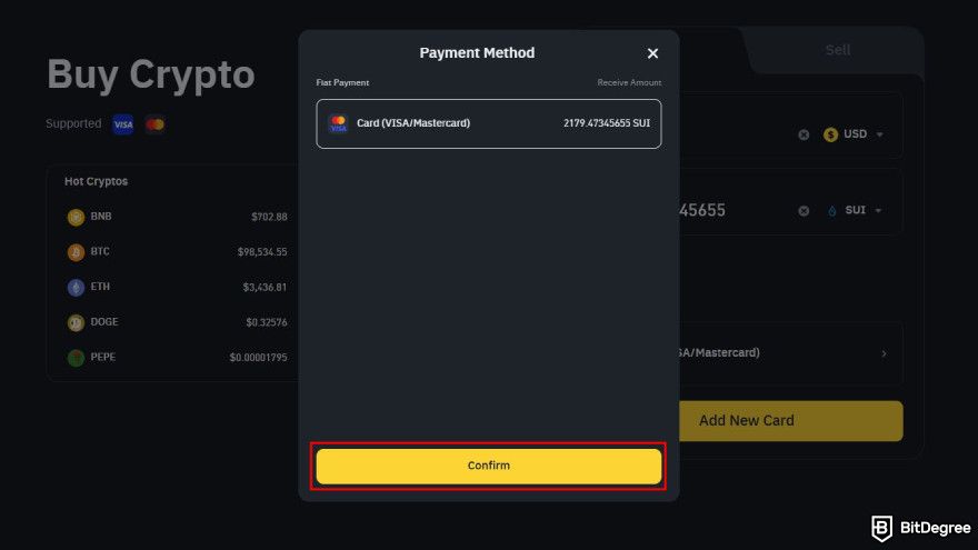 How to buy SUI: choose your payment method and confirm.