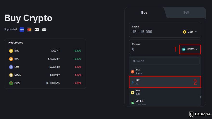 How to buy SUI: select SUI from the list.