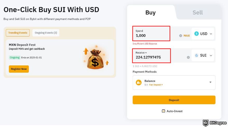 How to buy SUI: input the amount you wish to spend.