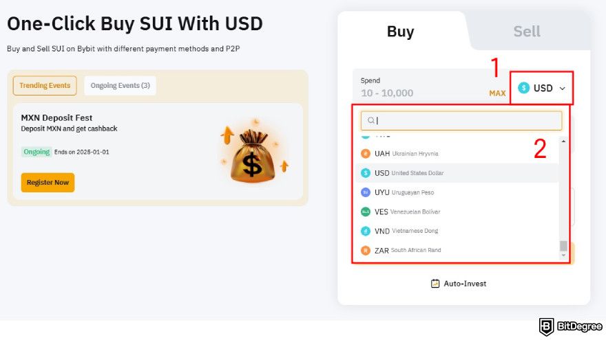 How to buy SUI: pick your preferred fiat currency.