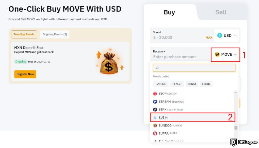 How to buy SUI: find and select SUI token.