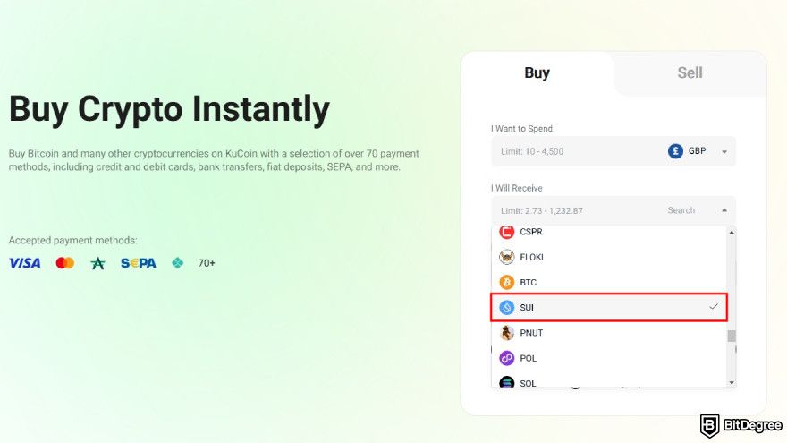 How to buy SUI: find and select SUI coin.