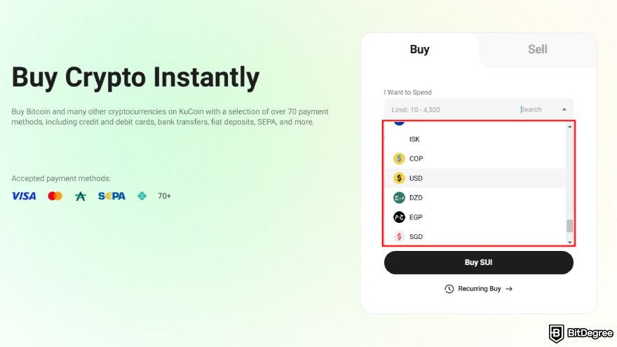 How to buy SUI: select the preferred fiat currency.