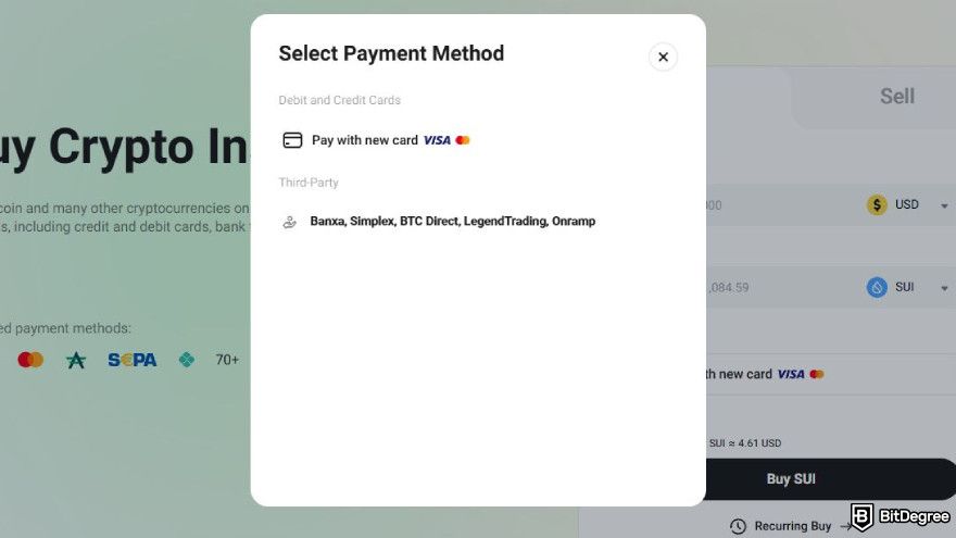 How to buy SUI: select payment method form the list.