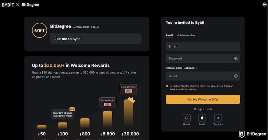 How to buy Supra crypto: Bybit x BitDegree sign-up page.