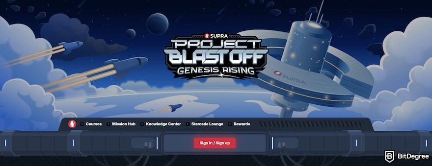 How to buy Supra crypto: Blast Off's page, showing the homepage banner, navigation bar, and a sign-up button.