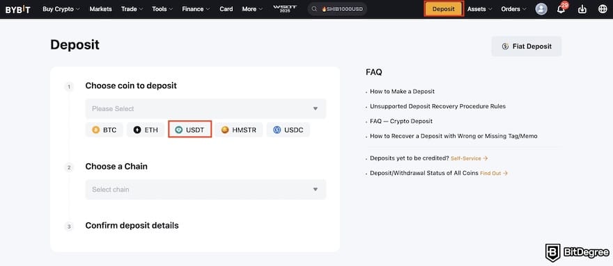How to buy Supra crypto: the deposit page on Bybit.