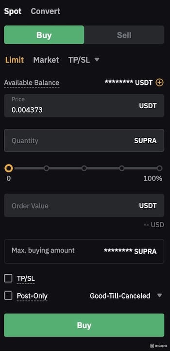 How to buy Supra crypto: Bybit's order panel.