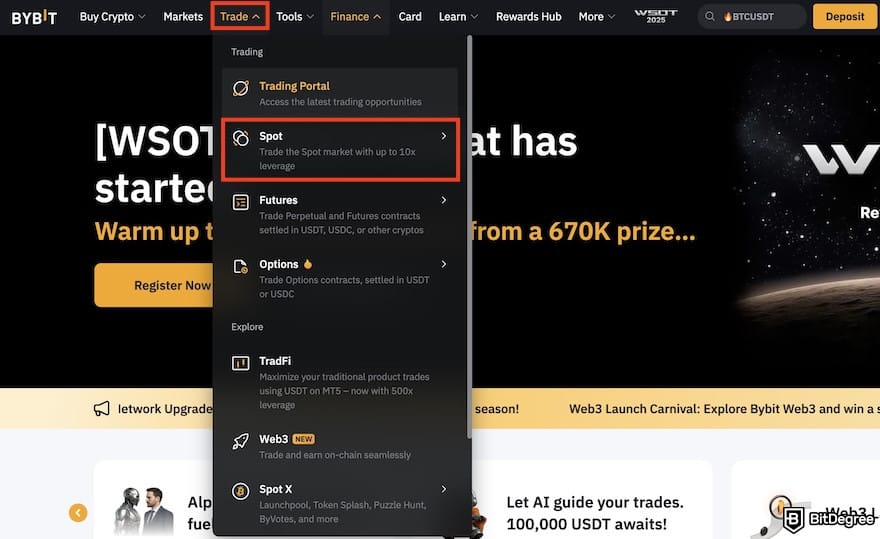 How to buy Supra crypto: the [Trade] and [Spot] option highlighted on Bybit's top navigation menu.