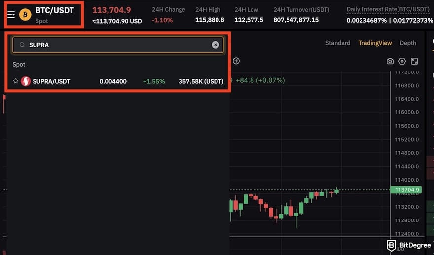 How to buy Supra crypto: the SUPRA/USDT trading pair highlighted on Bybit's spot trading interface.