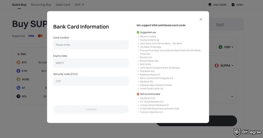 How to buy Supra crypto: the bank card information form on Gate's website.