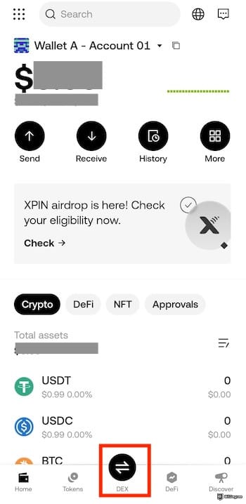 How to buy Supra crypto: the [DEX] icon on the OKX Web3 Wallet app outlined.