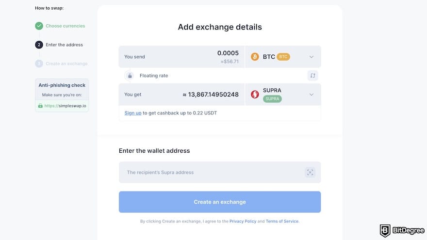 How to buy Supra crypto: entering a wallet address on SimpleSwap.
