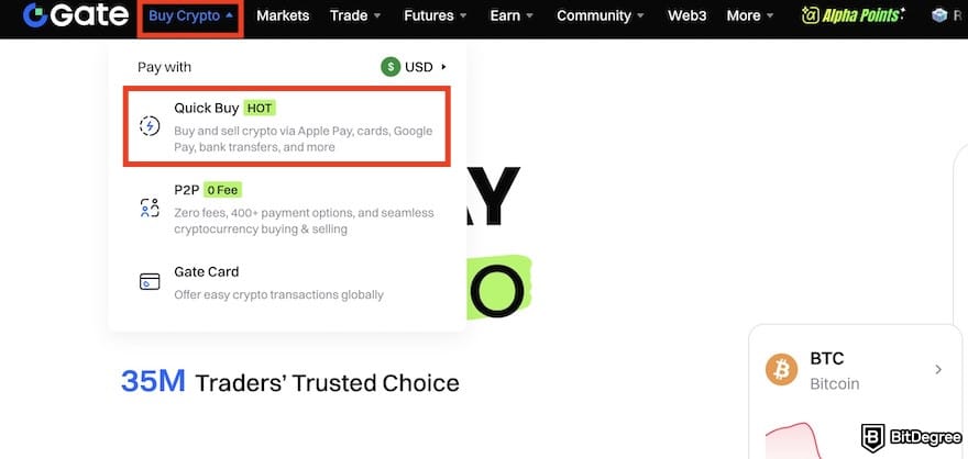 How to buy Supra crypto: the [Quick Buy] menu highlighted on Gate's website.
